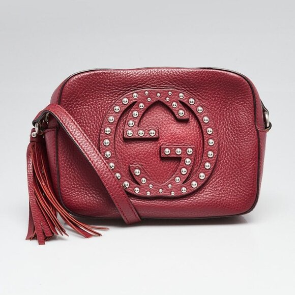 Gucci Burgundy Pebbled Leather Soho Disco Studded Shoulder Bag - Picture 2 of 12